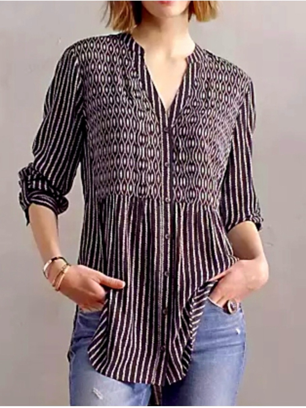 Anthropologie Maeve Calia Black Print Button Front Tunic Top Size 12